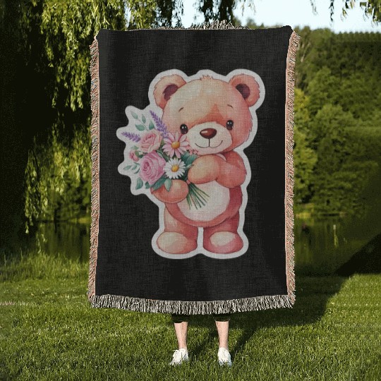 Teddy bear with bouquet of flowers Woven Blankets