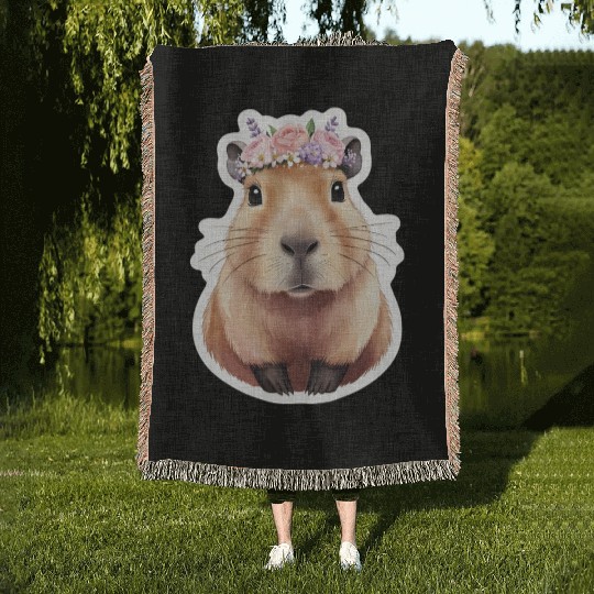Capybara with Flowers Woven Blankets