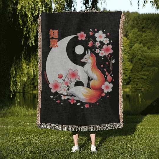 fox kitsune with cherry blossom in retro aesthetic Woven Blankets
