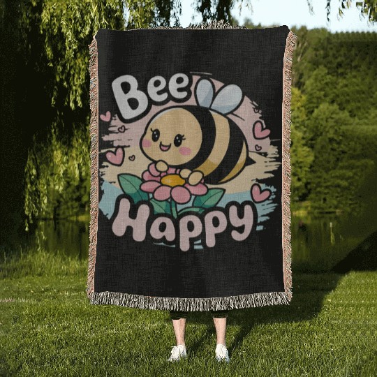 Bee Happy - Cute Kawaii Bee with Flower & Hearts Woven Blankets