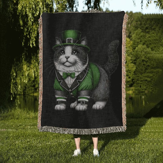 Lucky Cat in Green - St. Patrick’s Day Woven Blankets