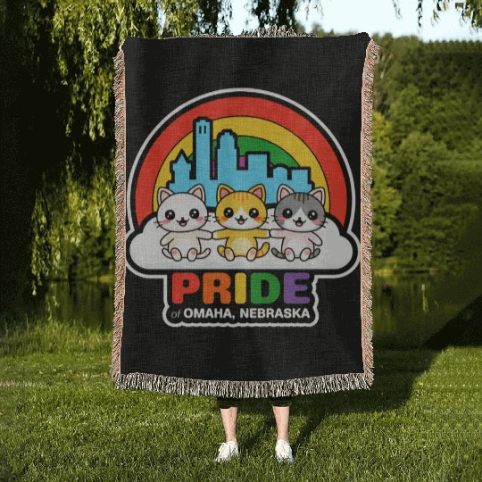 Pride of Omaha City Nebraska USA Rainbow Flag Woven Blankets