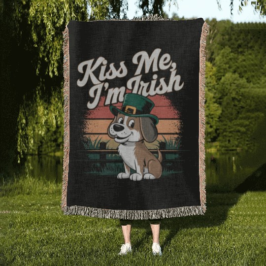 St. Patrick's Day Dog Kiss Me I'm Irish Cute Puppy Woven Blankets