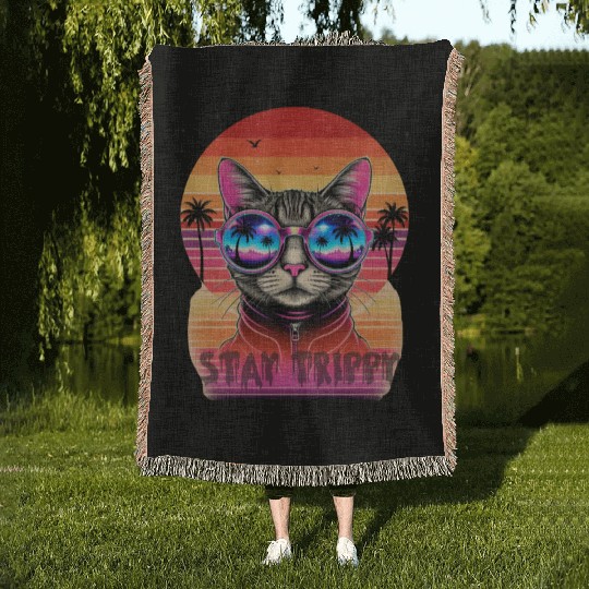 Stay Trippy Psychedelic Cat with Neon Sunglasses Woven Blankets