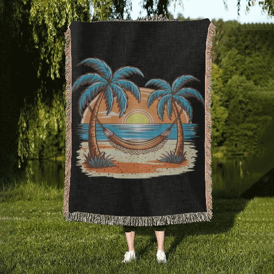 Tropical Sunset Hammock Scene Woven Blankets