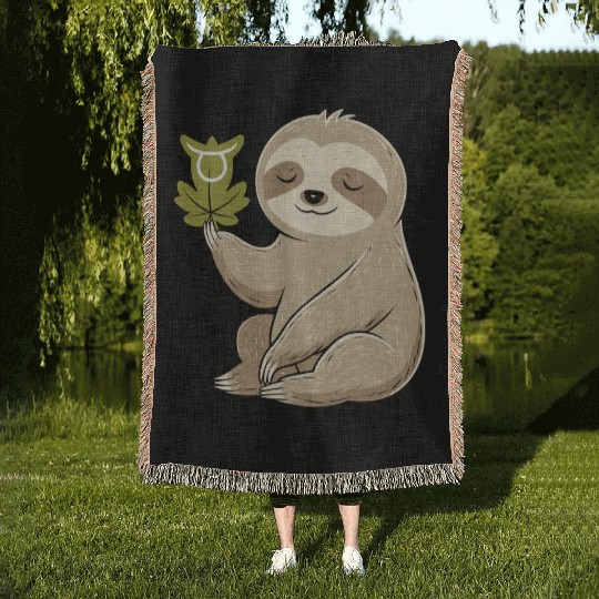 Taurus Zodiac Sloth with Leaf Symbol Serenity Woven Blankets