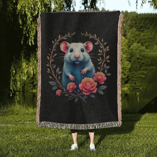 Hamster Flowers Art | Geometric Animal Design Woven Blankets