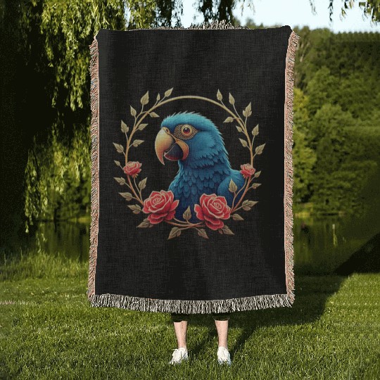 Colourful Parrot Bird Art | Tropical Flowers Woven Blankets