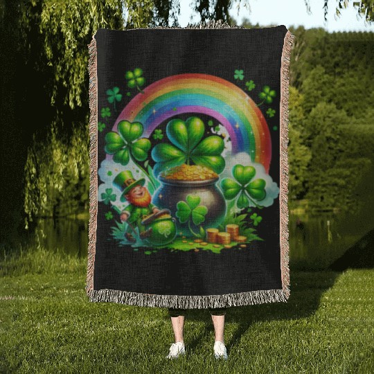 St. Patrick's Day Shamrock Pot Gold Rainbow Woven Blankets