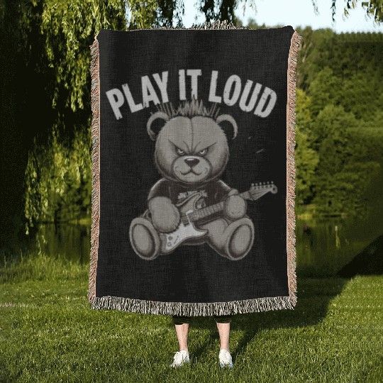 Heavy Metal Bear Play It Loud Vibes for Music Woven Blankets