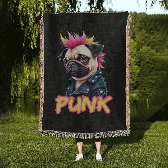 Punk Pug with Mohawk and Jacket - Embrace the Woven Blankets