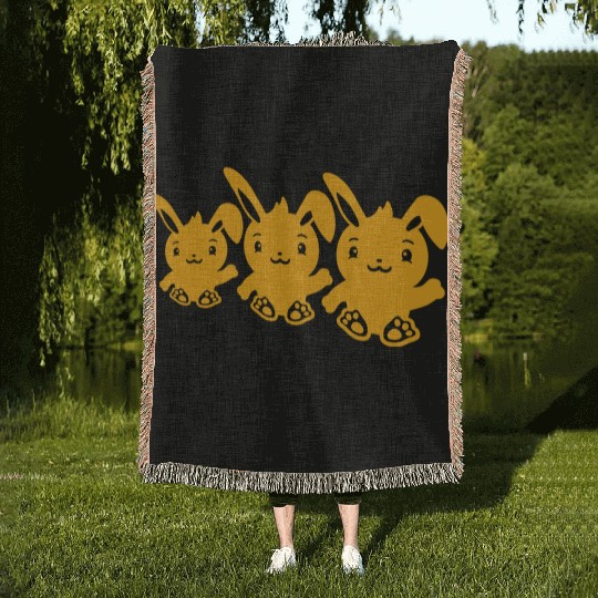 3 Rabbits Three Friends Team Crew Waving Sitting Woven Blankets