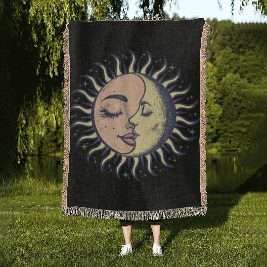 Boho Sun Moon Spirituality Sun Face Woven Blankets