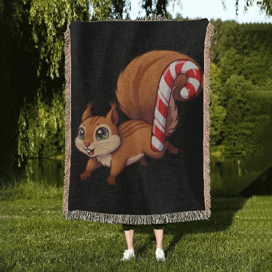 A squirrel with a candy cane tail. Woven Blankets