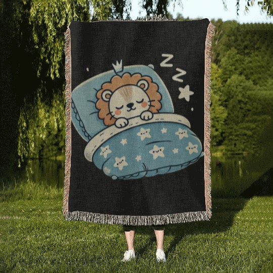 Lion Sleeping In Bed At Night Time Woven Blankets