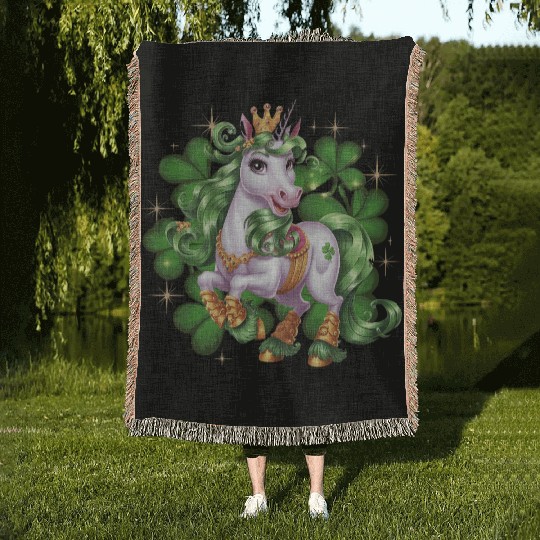 St. Patrick's Day Unicorn Funny Lucky Unicorn Woven Blankets