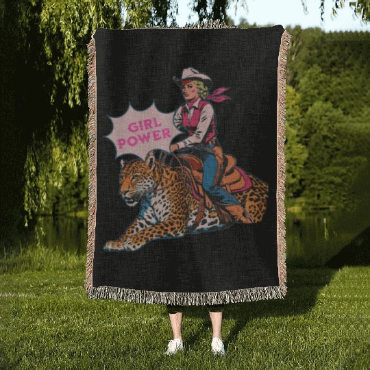 Girl Power Cowgirl Riding a Leopard Western Woven Blankets