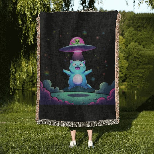 Alien Cat Abduction Art Woven Blankets