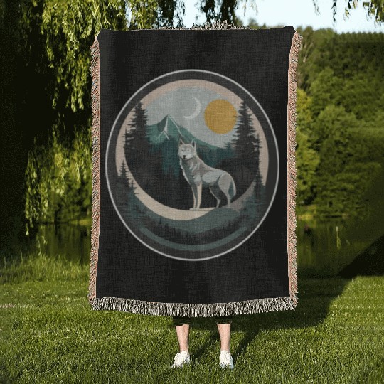 Lone Wolf Under Moonlit Sky Woven Blankets