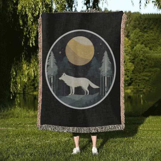 Lone Wolf Under Moonlit Sky Woven Blankets