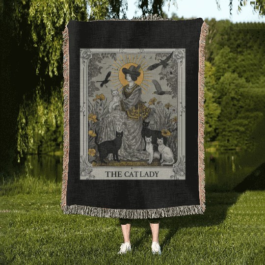 The Cat Lady Tarot Card Vintage Gothic Cat Mom Woven Blankets