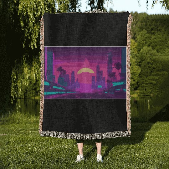Neon Paradise Vaporwave Sunset Vibes Woven Blankets