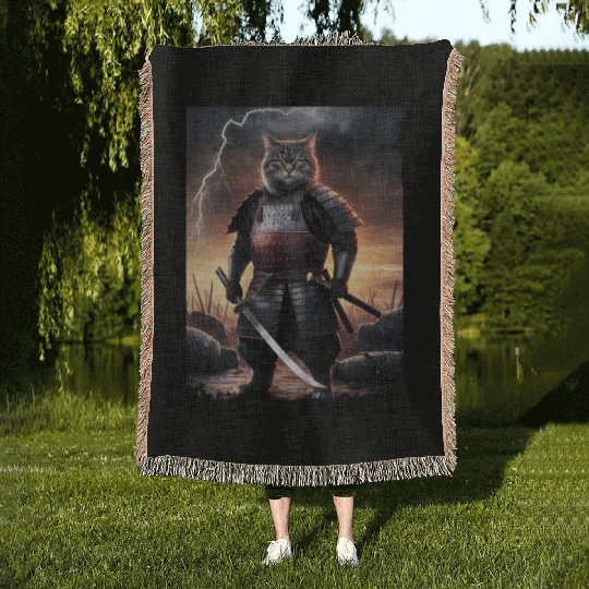 Japanese Cat Samurai Cat Woven Blankets