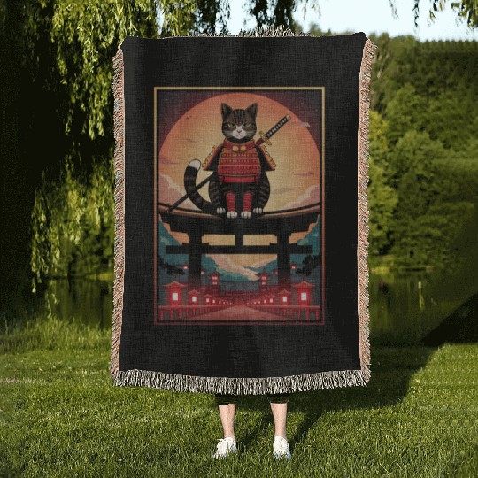 Japanese Cat Samurai Cat Woven Blankets
