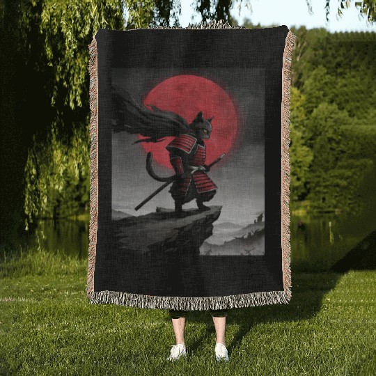 Japanese Cat Samurai Cat Woven Blankets