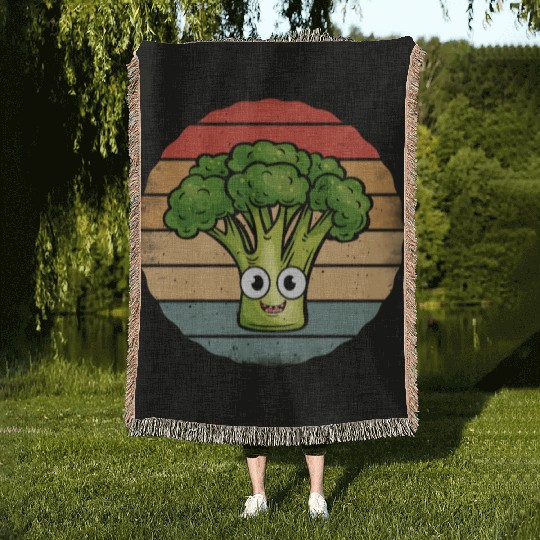 Cute Smiling Broccoli Retro Vintage Sunset Woven Blankets