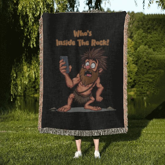 Funny Caveman – Stone Age Meets Modern Technology Woven Blankets