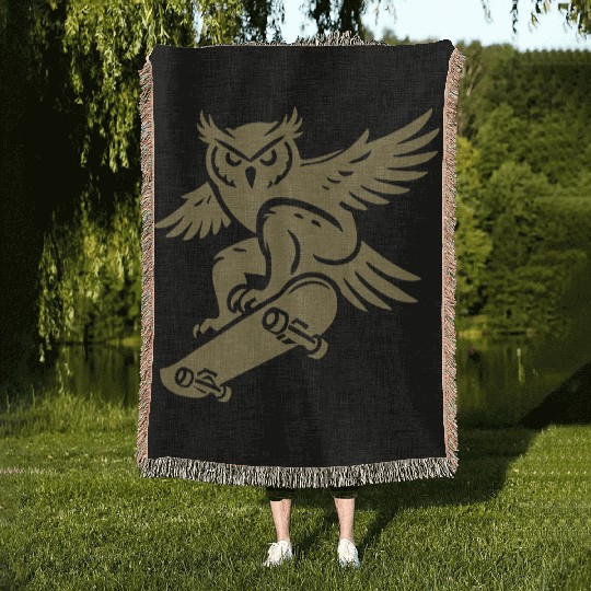 Snow Owl Skateboard Silhouette Minimalist Style Woven Blankets
