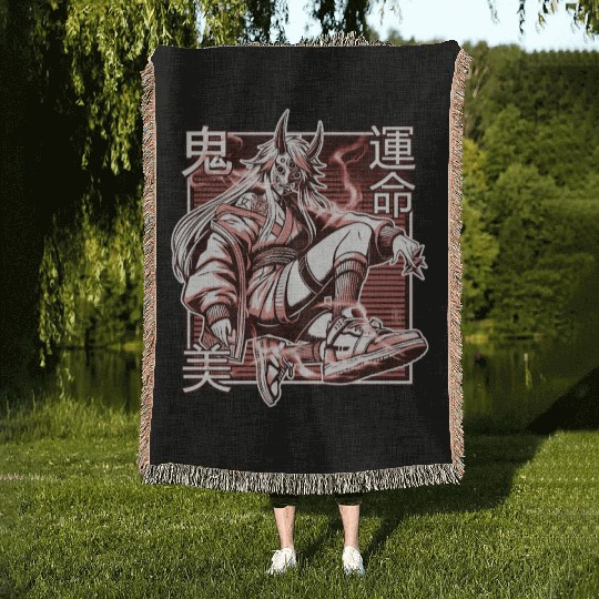 Red Kunoichi Demon Woven Blankets