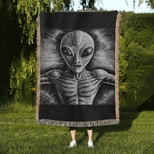Grey Alien Engraving Woven Blankets