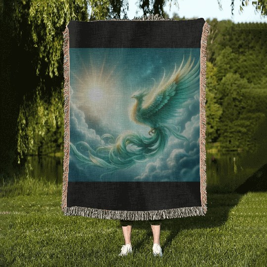 Green & Gold Rising Phoenix Woven Blankets