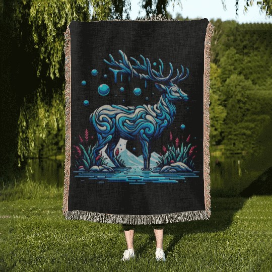 Majestic Blue Deer in Enchanted Forest Woven Blankets