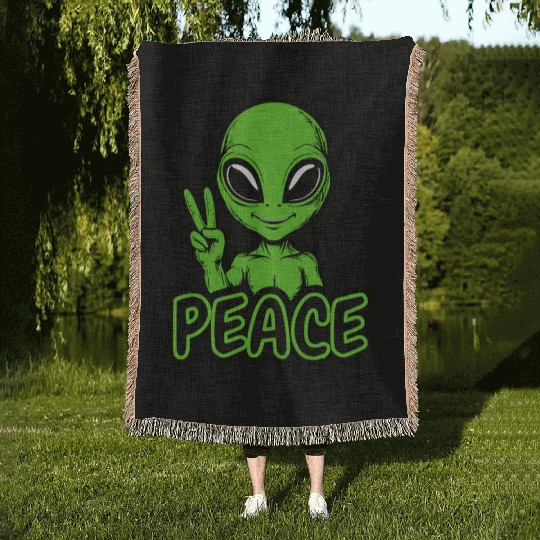 Grey Alien Peace Woven Blankets
