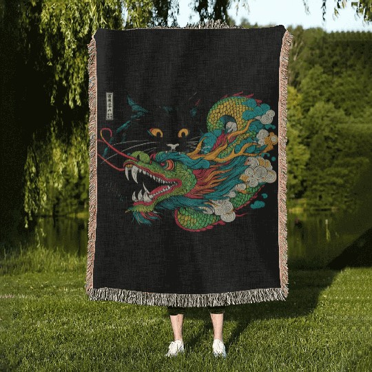 Ukiyo-e Black Cat Chinese Dragon Woven Blankets