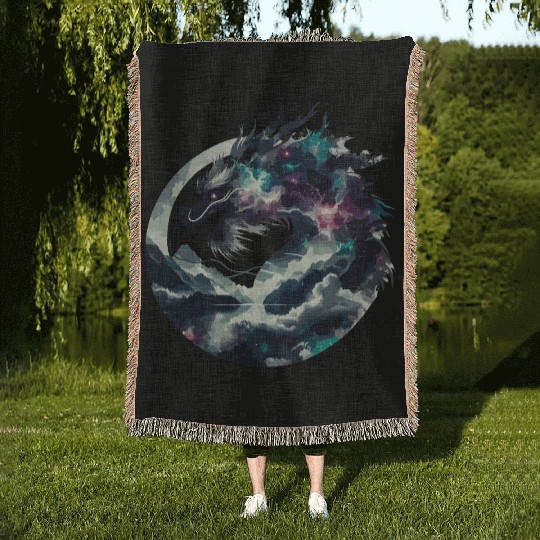 Zen Black Chinese Dragon Woven Blankets
