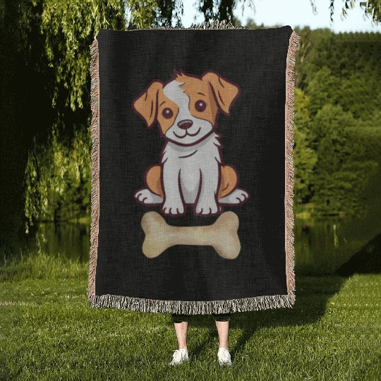 Cute White and brown dog with bone Woven Blankets