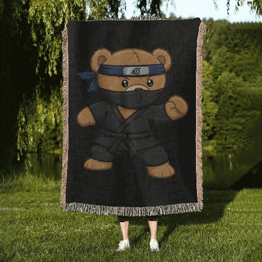 Teddy bear ninja Woven Blankets