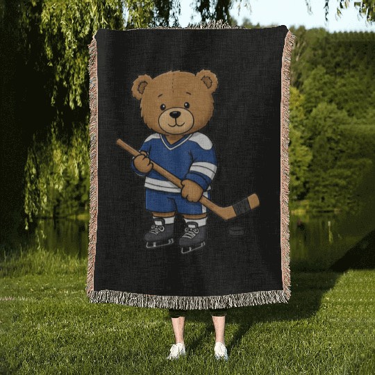 Teddy bear ice hockey player Woven Blankets