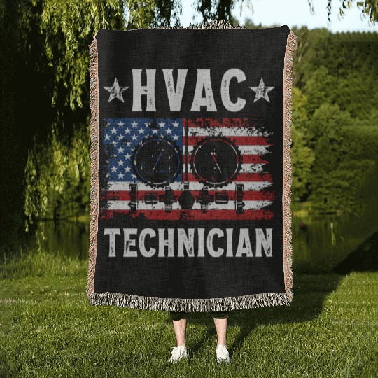 HVAC Technician Patriotic US American Flag Woven Blankets