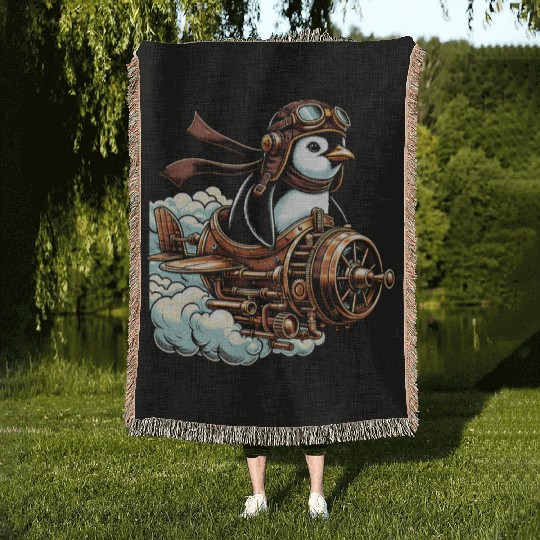 Steampunk Penguin Aviator Adventure in the Sky Woven Blankets