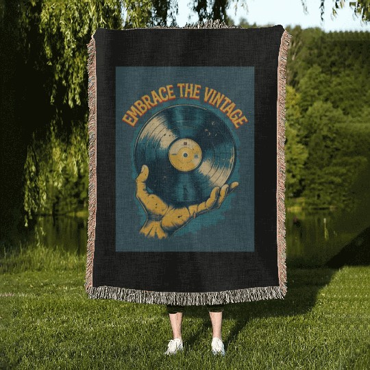 Retro Vinyl Record Held Woven Blankets