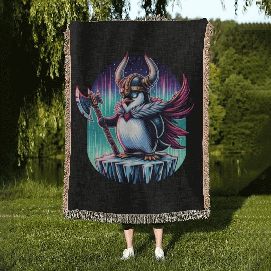 Viking Penguin Warrior Under Northern Lights Woven Blankets