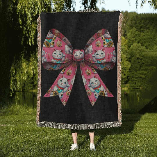 Coquette Bow Maneki Neko Japanese Cat Lucky Pink Woven Blankets