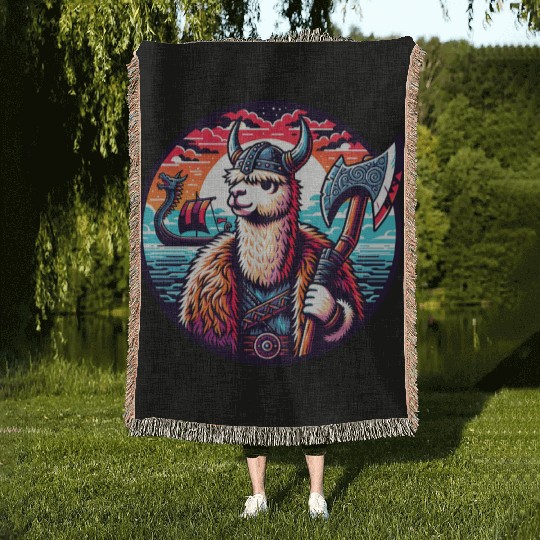 Viking Llama Adventure at Sea Woven Blankets