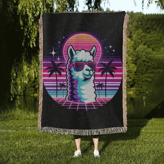 Retro Neon Llama with Sunglasses Vibes Woven Blankets
