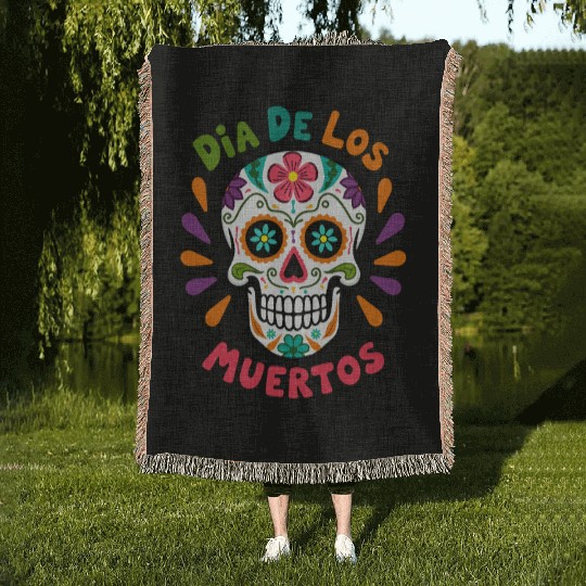 Mexico Día de los Muertos Skull Woven Blankets